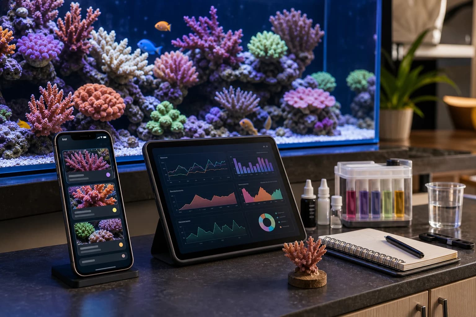 Reef tank app workflow with coral identification cards, tank log charts, and aquarium test kit