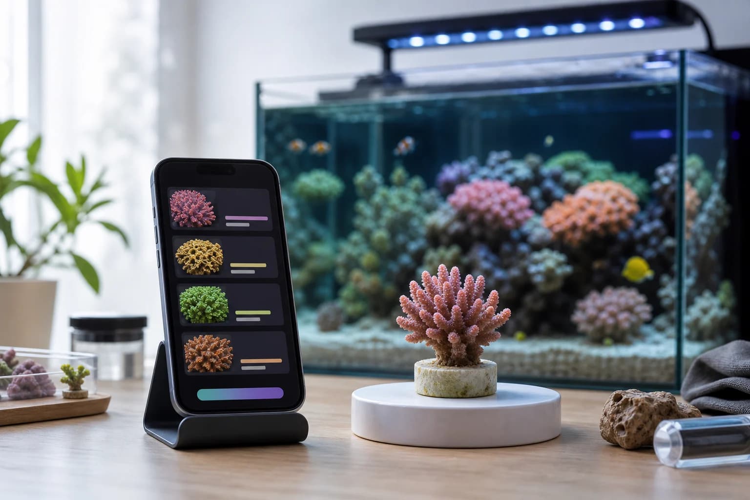 Smartphone showing likely coral matches beside a reef tank coral frag