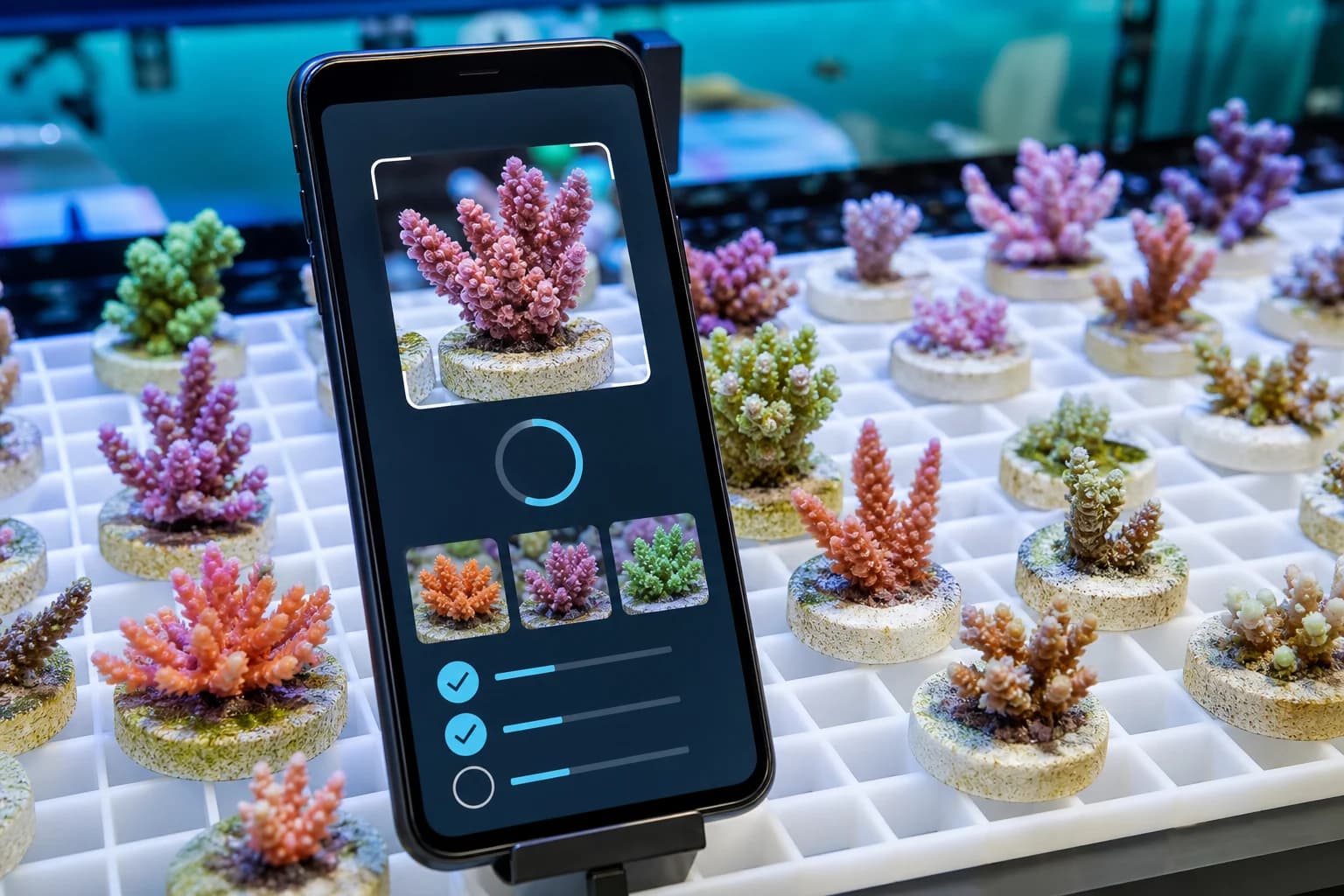Phone scanning coral frags on a reef store frag rack