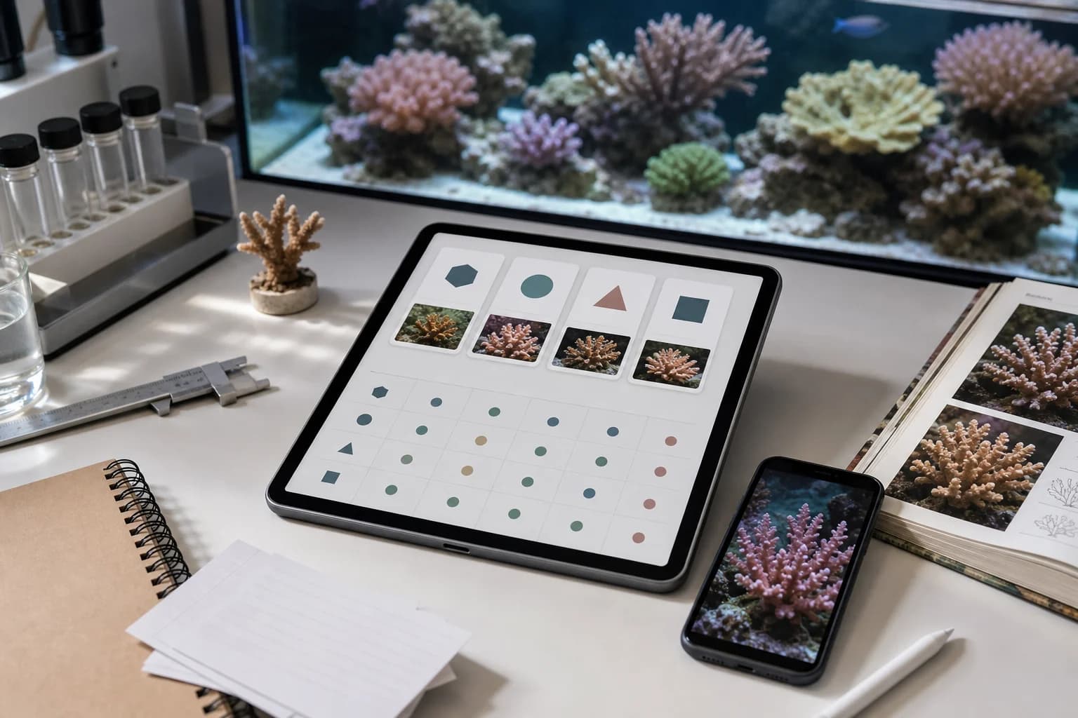 Reef identification workspace with tablet comparison cards, phone photo, and coral reference materials