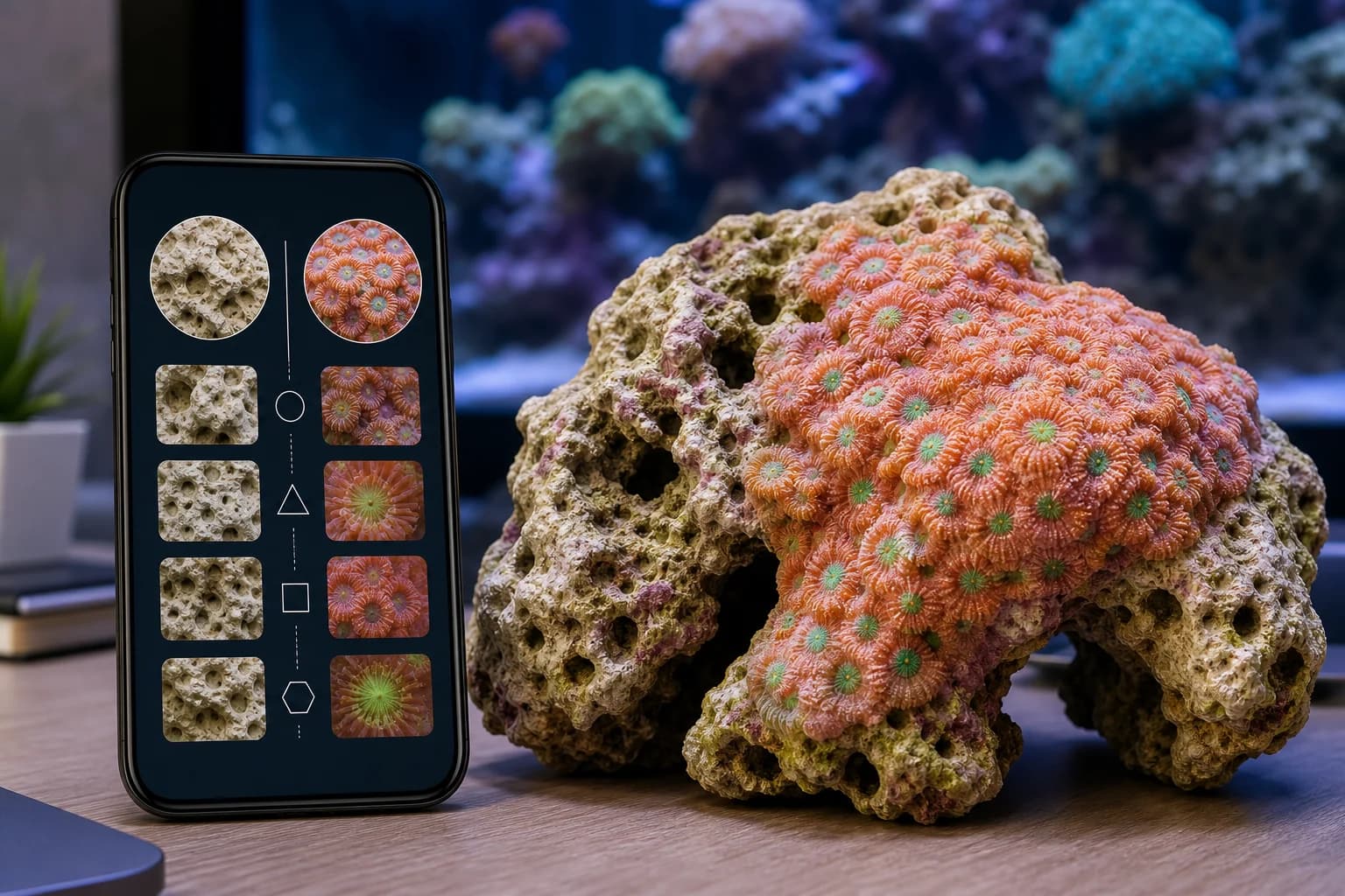 Living coral with visible polyps growing on porous live rock beside an identification phone
