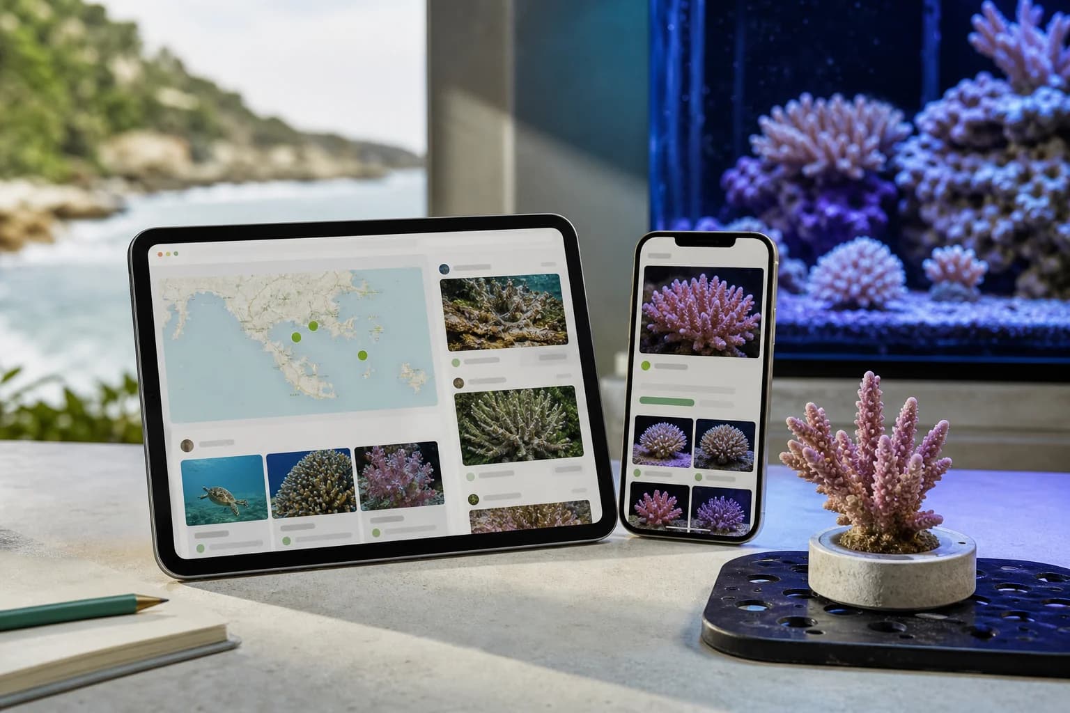 Tablet with nature observation workflow beside a coral identification phone and reef tank frag