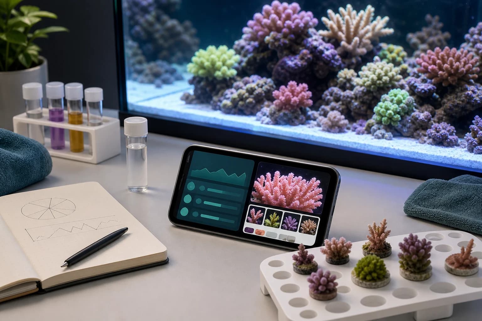 Reef aquarium desk with tank notes, water tests, and coral identification app workflow