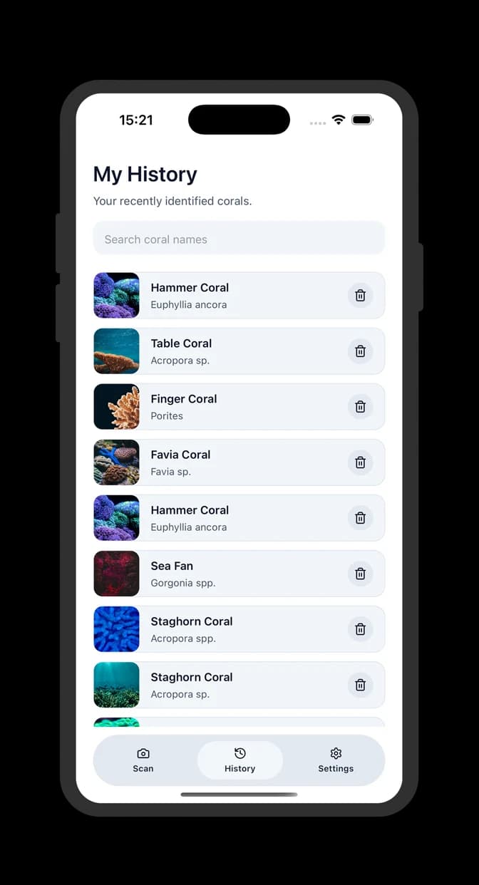 Coral Identifier history screen