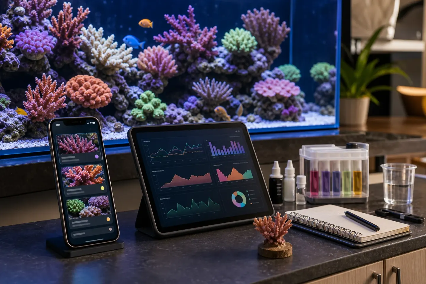 Reef tank app workflow with coral identification cards, tank log charts, and aquarium test kit