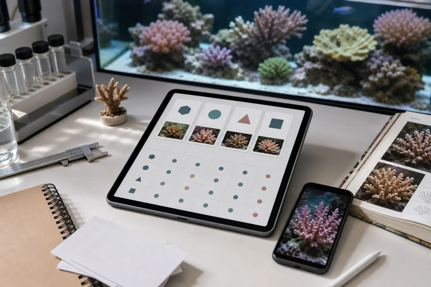 Reef identification workspace with tablet comparison cards, phone photo, and coral reference materials