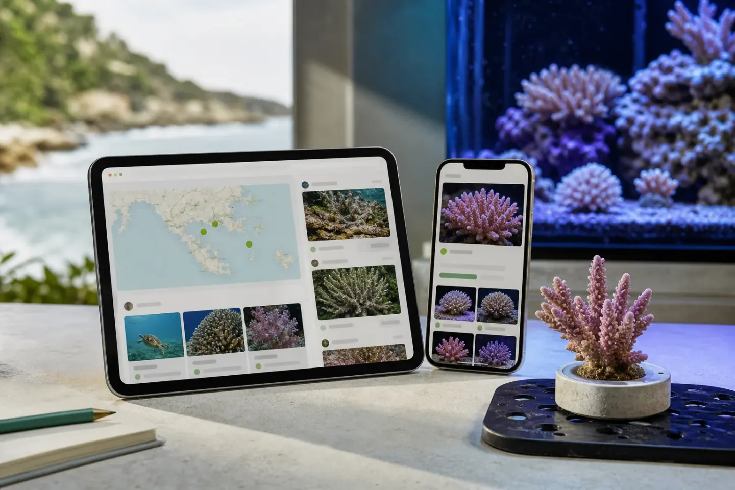 Tablet with nature observation workflow beside a coral identification phone and reef tank frag