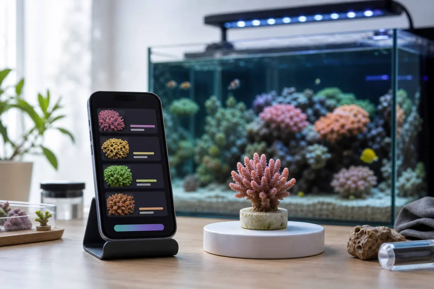Smartphone showing likely coral matches beside a reef tank coral frag