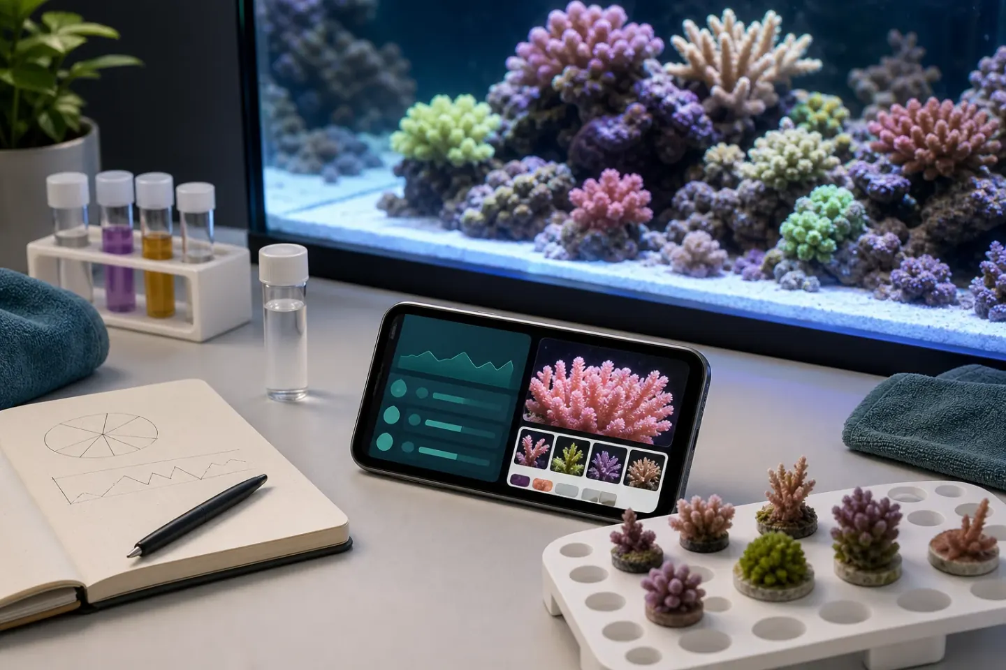 Reef aquarium desk with tank notes, water tests, and coral identification app workflow