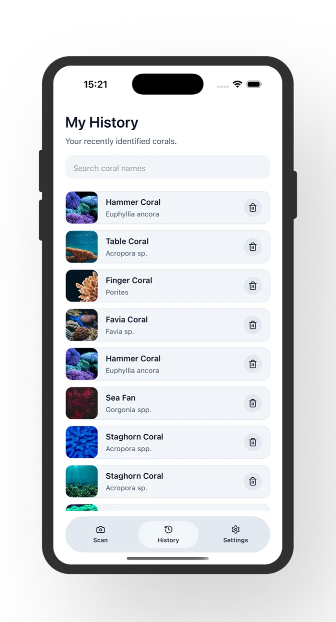 Coral Identifier saved scans screen